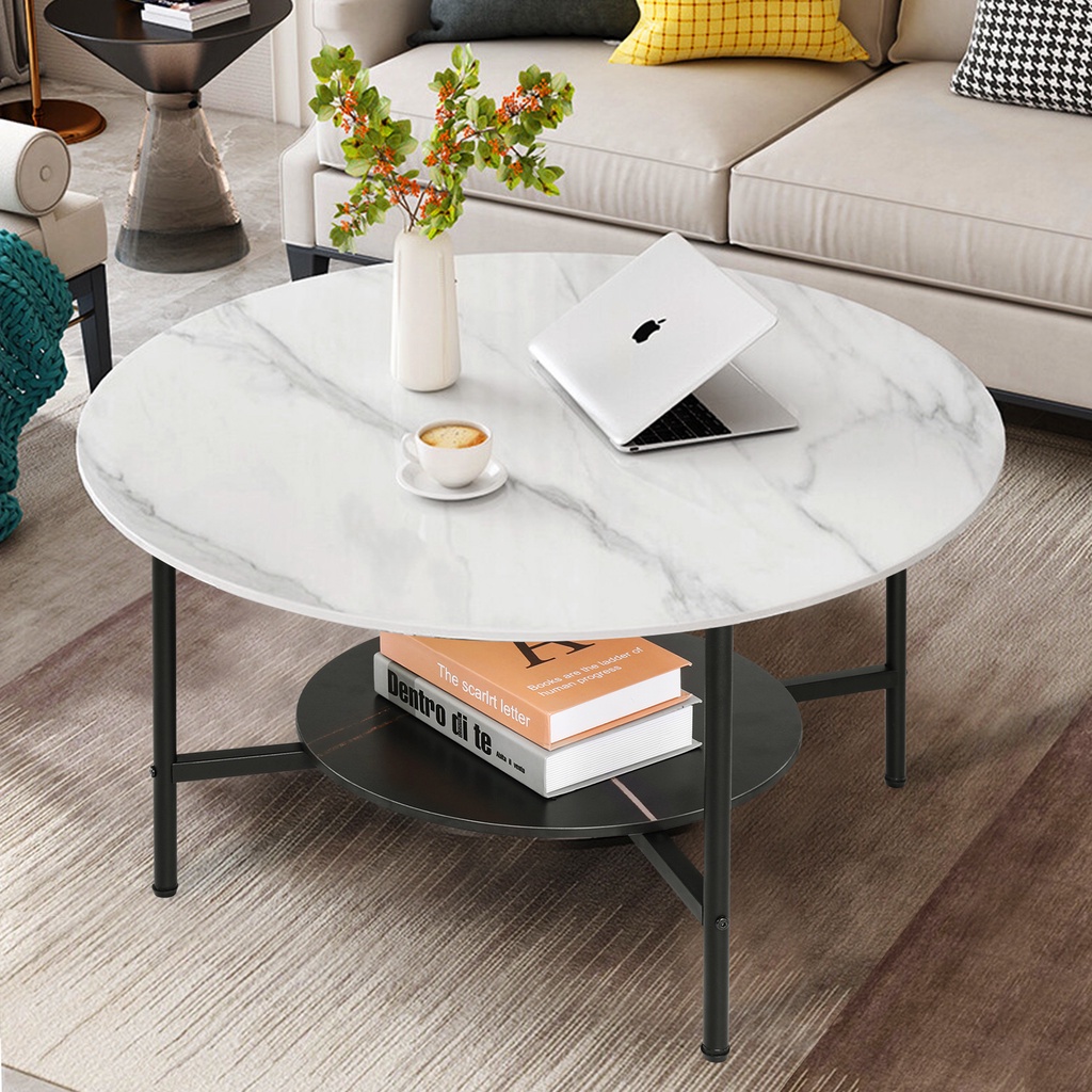 โต๊ะวางข้างทรงกลม โต๊ะหินอ่อน พร้อมส่ง 32" Large Italian Real Marble Coffee Table 2 Tier Round Cente