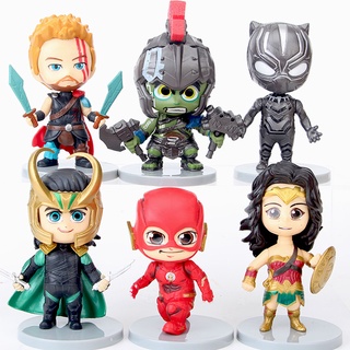 ฟิกเกอร์ Marvel Thor Flash Hulk Loki Wonder Woman Black Panther Superheroes ของเล่นสําหรับเด็ก 6 ชิ้น