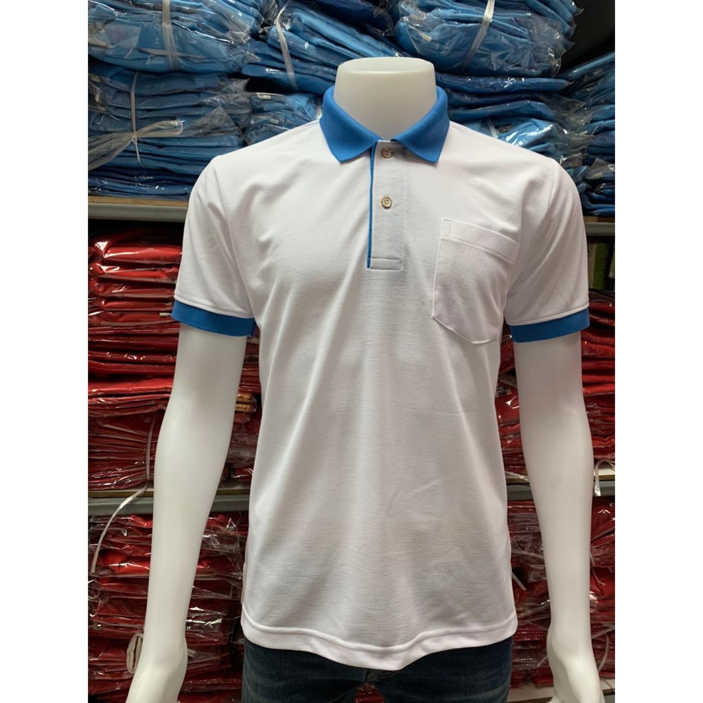 เสื้อโปโลสีขาวปกสีฟ้าทะเล ปลายแขนจั๊มสีฟ้าทะเลเสื้อทำงาน