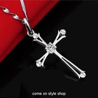 จี้ไม้กางเขน สีเงิน ประดับคริสตัล เลอค่า เครื่องประดับแฟชั่น Silver Cross Crystal