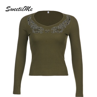 Sweeticme  ใหม่เสื้อยืดลําลองสําหรับสตรีแขนยาวคอวีทรงสลิมติดประดับคริสตัล