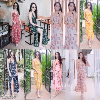 เดรสยาว สไตล์เกาหลี ผ่าหน้า สายเดี่ยว ลายดอก แฟชั่นเกาหลี
