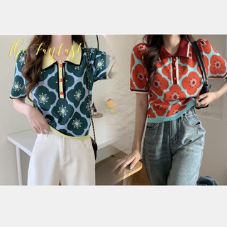 Cicishop(Y2153/C486)เสื้อโปโลไหมพรมแขนสั้น ลายดอกไม้ กระดุมมุกแกะได้จริง งานสวยดูดี