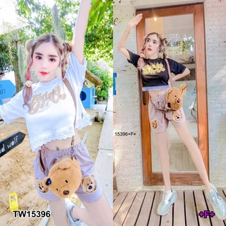 👗Pfashion [ส่งไว!!🚛] P15396 Set 2 ชิ้น เสื้อทรง Crop ชายต่อลูกไม้ + กางเกงขาสั้นสกรีนหน้าหมี