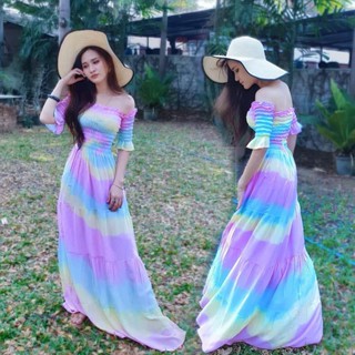 WIMPOOLFLOATS WTD021 : ชุดเดรสมัดย้อม ปาดไหล่จั้มช่วงแขน กระโปรงยาว