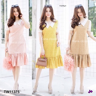 Dress #สาวอวบ เดรสคอวีแต่งปกคอ แขนตุ๊กตา มีโบว์มัดเอวให้ทรงเข้ารูปสวย MM11375