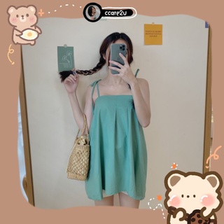 cc🧸SP2301สายเดี่ยวผ้าฝ้ายลินินเย็บจีบหน้า ด้านหลังสมอค เรียบๆสไตล์มินิมอล น่ารักมากก สายผูกไหล่ปรับความยาวได้