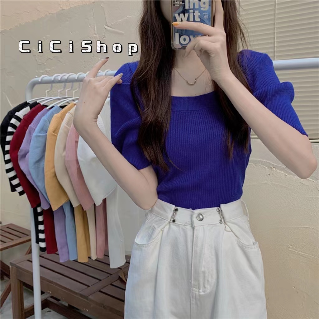 Cicishop(6A40-1) เสื้อไหมพรมแขนสั้น คอเหลี่ยมดีเทลแขนพอก พรางแขน ทรงเป้ะ น่ารักมากกก