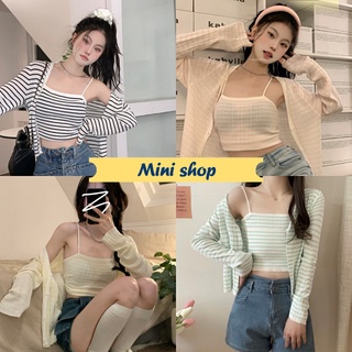 Mini shop🌸พร้อมส่ง🌸(9A86) เสื้อเซ็ต เสื้อสายเดี่ยวไหมพรม+เสื้อคลุมแขนยาว ลายทาง