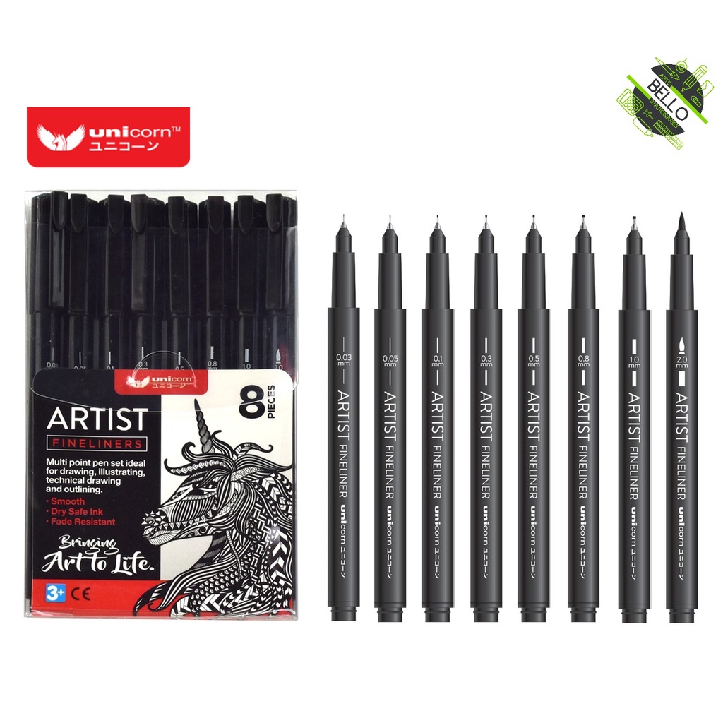 Unicorn Artist Fineliners Pen Black ชุด 8 ชิ้น (UFL-8FL)