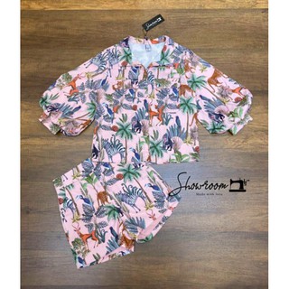 Showroom Brand: Pink Safari printed co ord set เซ็ทสีชมพูอ่อน