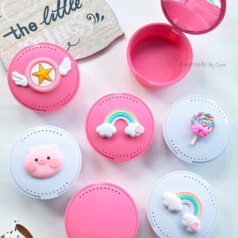 กล่องรีเทนเนอร์ 5สี ลายน่ารัก มีกระจกในตัว กล่องใส่เครื่องมือจัดฟัน กล่องใส่ฟันปลอม
