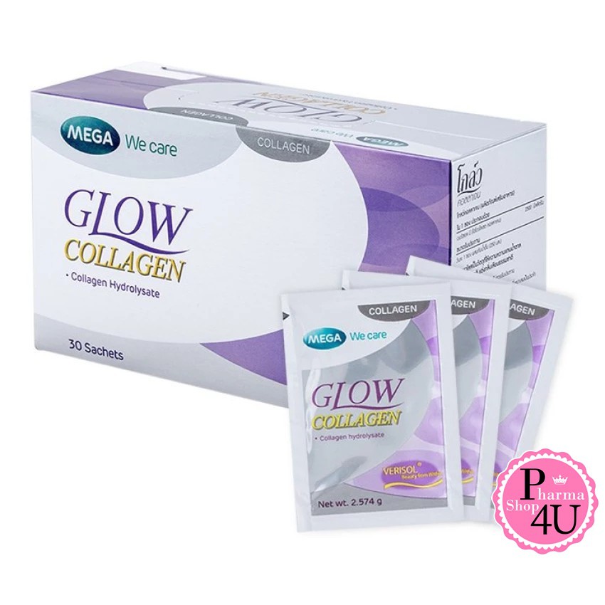Mega We Care Glow Collagen กล่อง 30ซอง 1 กล่อง.ลดเลือนริ้วรอย ฝ้า กระ