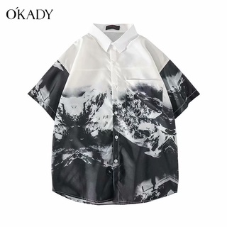 OKADY เสื้อผู้ชาย เสื้อเชิ้ตแขนสั้นผู้ชายสไตล์จีนการพิมพ์จิตรกรรมภูมิทัศน์ เสื้อคอกลมผู้ชาย