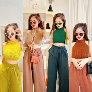❤️​Set2pcs.❤️อร้าย ชุดอะไรใส่ได้2แบบ👍👍เสื้อคอปีนแต่ระบาย น่ารักมุมิ+ กางเกงขาบาน เอวยืด มีกระเป๋าข้าง งานสวยมากกก