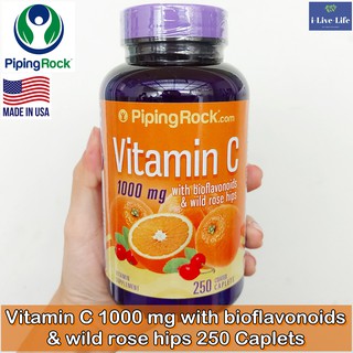 วิตามินซี ผสมไบโอฟลาโวนอย Vitamin C 1000 mg with Bioflavonoids &amp; Rose Hips 250 Coated Caplets - Piping Rock