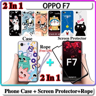 2 IN 1 เคส OPPO F7 พร้อมกระจกนิรภัยโค้ง ป้องกันหน้าจอเซรามิค ลายแมวและโดราเอมอน