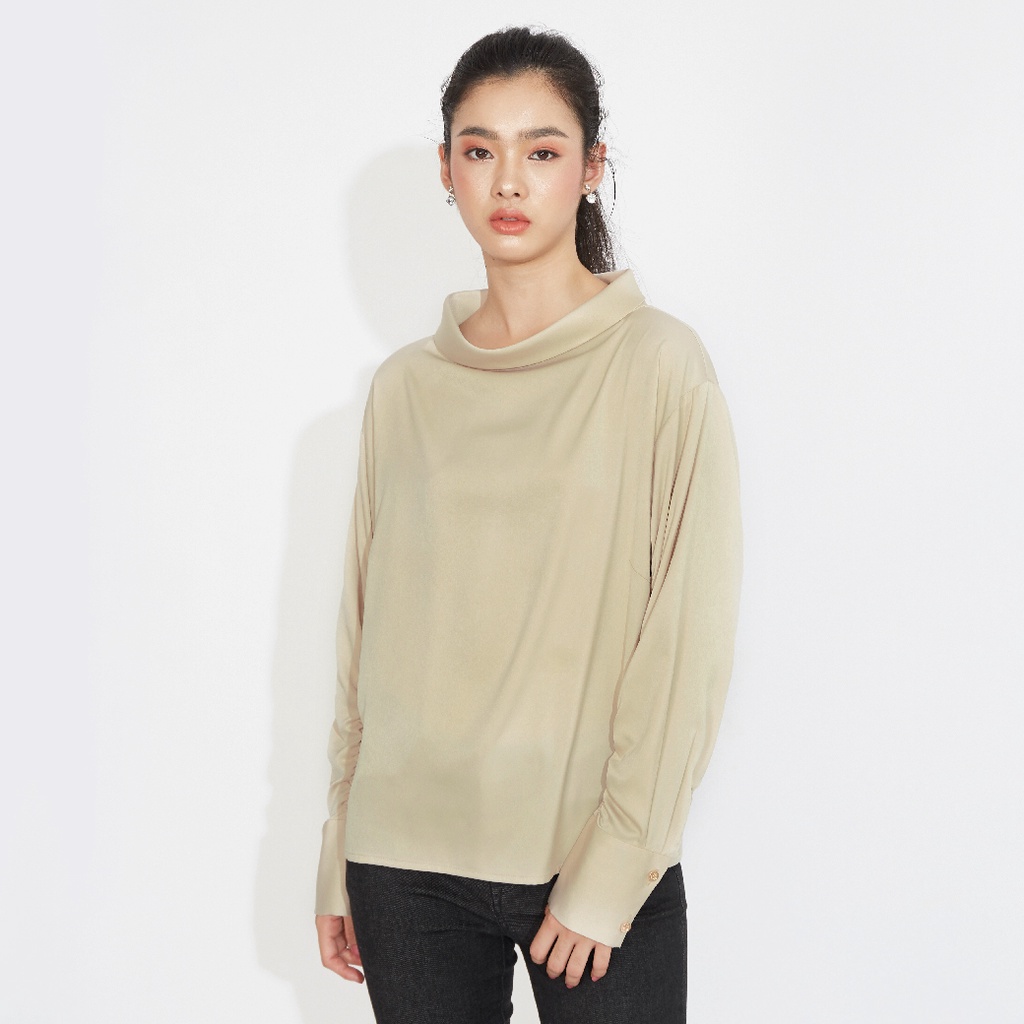 GSP Blouse เสื้อเบลาส์แขนยาว สีแชมเปญ คอตลบ ดีเทลจีบรูดช่วงแขน (ST69BE)