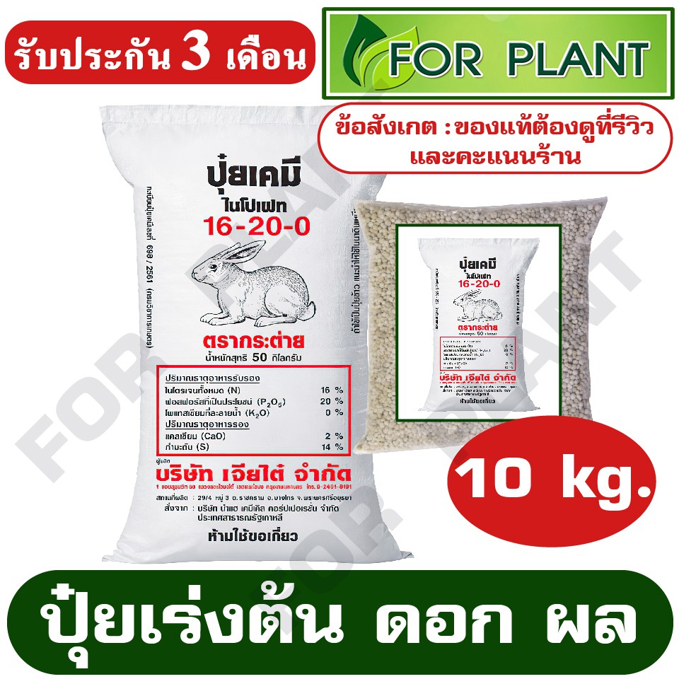 ปุ๋ย ตรากระต่าย สูตร 16-20-0 บรรจุ 10 กิโล บำรุงราก ช่วยการแตกกอ เร่งดอก เร่งใบ ให้ดอกดกใบเยอะ ต้นแข็งแรง ใส่ผัก ผลไม