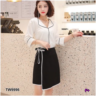 TwinsShopVip💗พร้อมส่ง TW9996 Set เสื้อแขนศอกคอปก + กระโปรงป้ายหน้า