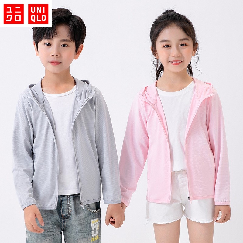 เสื้อแจ็คเก็ตเด็ก Uniqlo AIRism เสื้อแจ็คเก็ตกีฬามีฮู้ดตาข่ายป้องกันรังสียูวีฤดูร้อนเสื้อแจ็คเก็ตกันแดดทันที