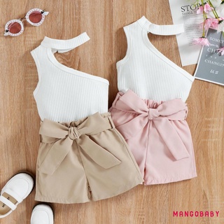 MG-Little Girls Three Pieces Clothes Outfit, Halterneck Oblique Shoulder Sleeveless Vest + Shorts + Waist Belt