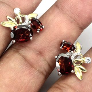 ต่างหูเงินแท้ เคลือบทองสองสี โกเมนดิบแท้ เพชรCz (Natural Orange Garnet Earrings)