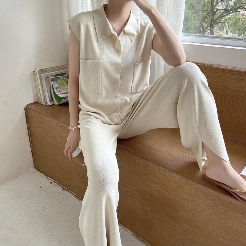 ส่งทันที Cici(NO. 9144)เซตเสื้อแขนกุดคอปก+กางเกงผ้าไหมพรมknit กระดุมผ่ากลางมีดีเทลกระเป๋าตรงอก