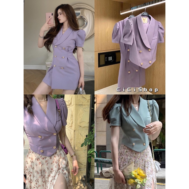 Cicishop(SALE/สุ่มสี 2178/2176)เสื้อครอป/เดรสทรงเบลเซอร์ ดีเทลแขนตุ๊กตาแต่งกระดุมทอง สไตล์โคเรีย