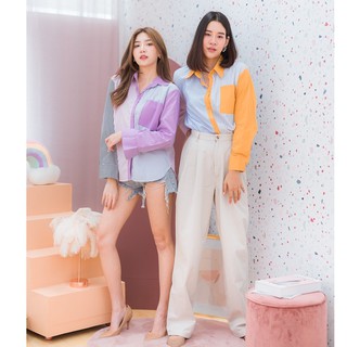 เสื้อเชิ้ตแขนยาวกระเป๋าหน้าทูโทนแต่งงานสลับสีผ้าพื้นกับผ้าริ้วเนื้อผ้าใส่สบายๆหยิบใส่แมทกับขาสั้นขายาวก็สวยพร้อมส่ง