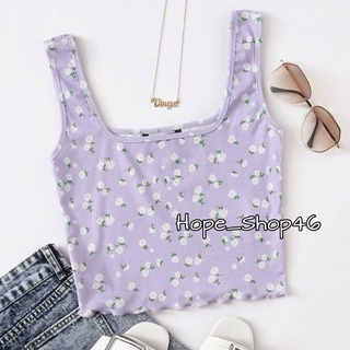 HopeS พร้อมส่ง เสื้อกล้ามครอป ลายดอกไม้สีม่วง