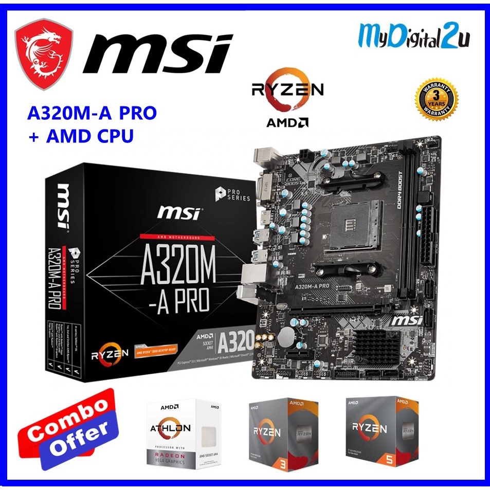 เมนบอร์ด MSI A320M-A PRO AM4 Ryzen + AMD Athlon 3000G CPU Combo Offer
