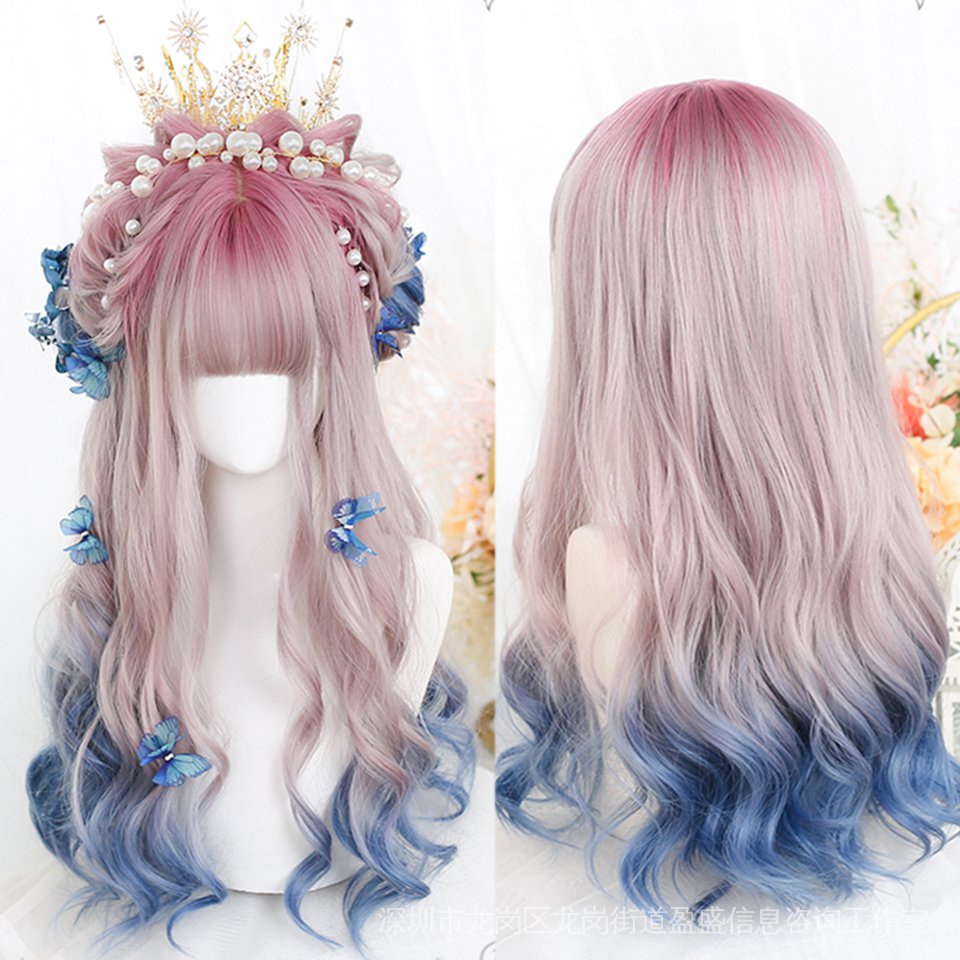 Meifan วิกผมยาว ลอลิต้า สังเคราะห์ ที่มีสีสัน วิกฮาราจูกุ พร้อมหน้าม้า สีแดง สีฟ้า คลื่นลอน คอสเพลย์ วิกผมทนความร้อน