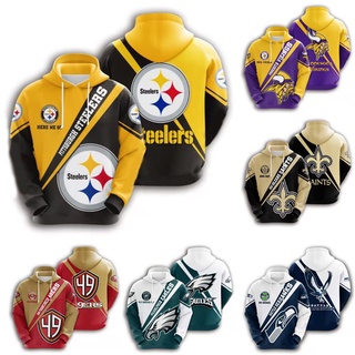 Nfl เสื้อกันหนาว เสื้อฮู้ดดี้ แบบสวมหัว พิมพ์ลายดิจิตอล 3D สไตล์ยุโรป สําหรับผู้ชาย