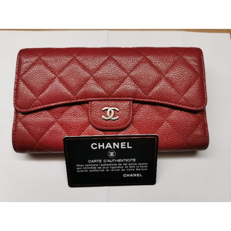 Used Chanel Long Wallet Caviar Tri-Fold SHW สีแดง Red Burgundy Holo20