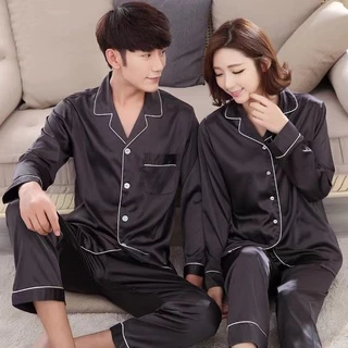 🍁3830🍁ชุดนอนผ้าซาตินแขนยาว+กางเกงขายาว สีพื้น ไซส์ M-2XL ใส่ได้ทั้งชายและหญิง