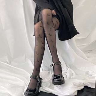 Black Silk Moon Print Stockings Sexy Jk Uniform Stockings Gothic Black Sexy Fishnet Stockings Print Pantyhose Punk Tights Women