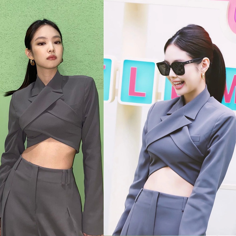 Blackpink Jennie Suit ดีไซน์ใหม่เสื้อสูทเปลือยผู้หญิงเอวสูงกางเกงตรง Street Blasting ชุดสองชิ้นอินเท
