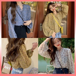 เสื้อชีฟองลายดอกไม้คอวีขนาดเล็กผู้หญิงฤดูร้อนขนาดบวกไขมัน MM บางส่วนซุปเปอร์นางฟ้าต่างประเทศย้อนยุคครีมกันแดดด้านบน