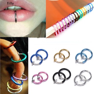 [FILLY] 2PC Fake Stud Earrings Punk Clip On Piercing Body Nose Lip Rings Hoop Ear Unisex DFG