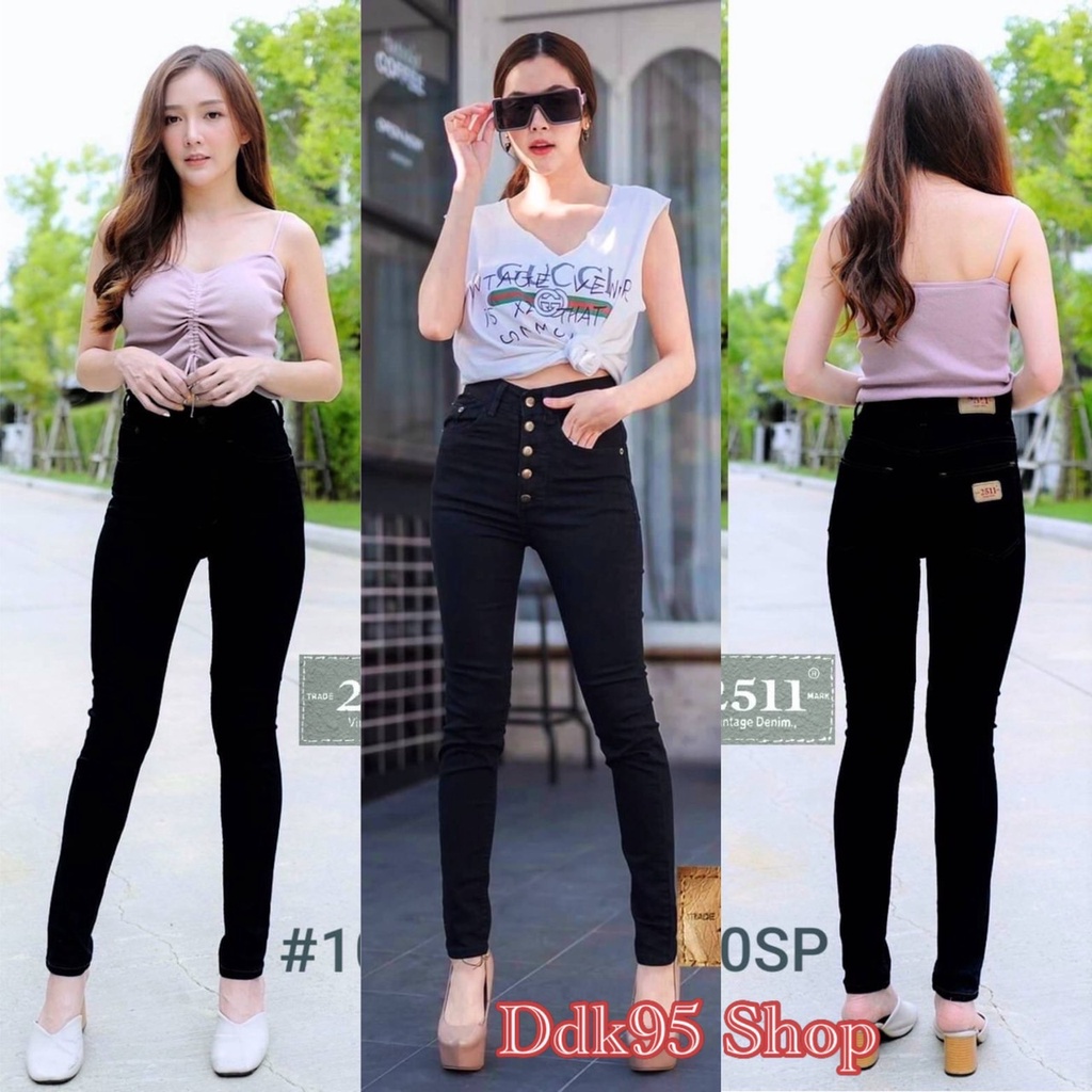 SALE กางเกงยีนส์ขาเดฟ สีดำซิป/กระดุม ผ้ายืดเอวสูง งานป้าย 2511vintage denim