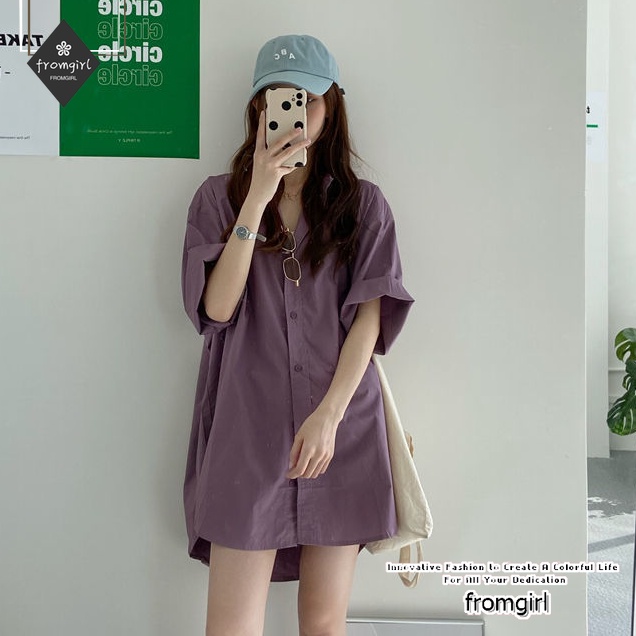 ฤดูร้อนปี 2021 เสื้อเชิ้ตทรงหลวมแขนยาวสไตล์เกาหลีใหม่สีม่วง