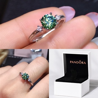 Pandora แหวนเงิน 925 ประดับเพชรโมอิส สีเขียว เครื่องประดับ สําหรับผู้หญิง งานหมั้น งานแต่งงาน