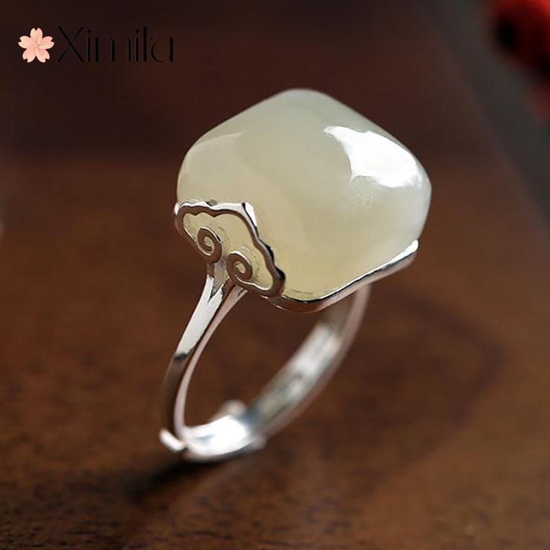 XIMILU💖 แหวนเงิน เกรด 925 ประดับหยกธรรมชาติ สีขาว สีทอง สไตล์วินเทจ เครื่องประดับ แฟชั่นสําหรับผู้ชาย และผู้หญิง แหวนทองครึ่งสลึง แหวนแฟชั่น คริสต์มาส แหวนทอง
