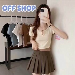 OFF SHOP พร้อมส่ง (OFF-60106) เสื้อครอปไหมพรมแขนสั้นคอกลมใส่สบายสีพื้น