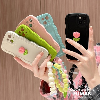 เคสโทรศัพท์มือถือ ซิลิโคนนิ่ม ลายดอกทิวลิป 3D พร้อมสายคล้องมือ ประดับลูกปัด สําหรับ Samsung Galaxy A14 A13 A12 A11 A10 A10s A01 4G 5G