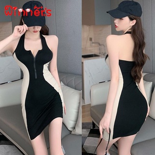 ชุดเดรสสําหรับสตรีเซ็กซี่แขนกุดเปลือยหลังสีคมชัดสไตล์เกาหลี Bodycon