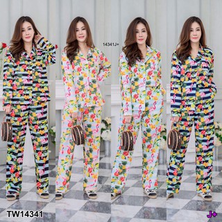 TwinsShopVip💗พร้อมส่ง TW14341 Set #สาวอวบ เสื้อเชิ้ตแขนยาว+กางเกงขายาว ลายฟลามิงโก