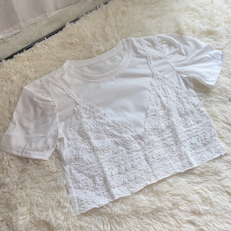 พร้อมส่งจากไทย✅ เสื้อครอป คอกลม แขนสั้น แต่งลูกไม้