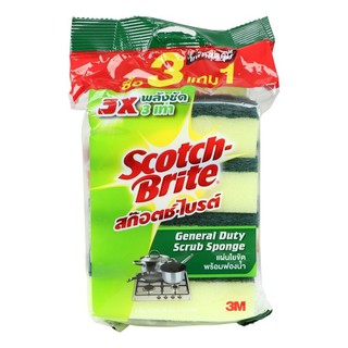 ฟองน้ำ ใยขัด ฟองน้ำ+ใยขัด SCOTH-BRITE 3x4 นิ้ว แพ็ค 3 แถม 1 อุปกรณ์ทำความสะอาด ของใช้ภายในบ้าน GENERAL DUTY SCRUB SPONGE